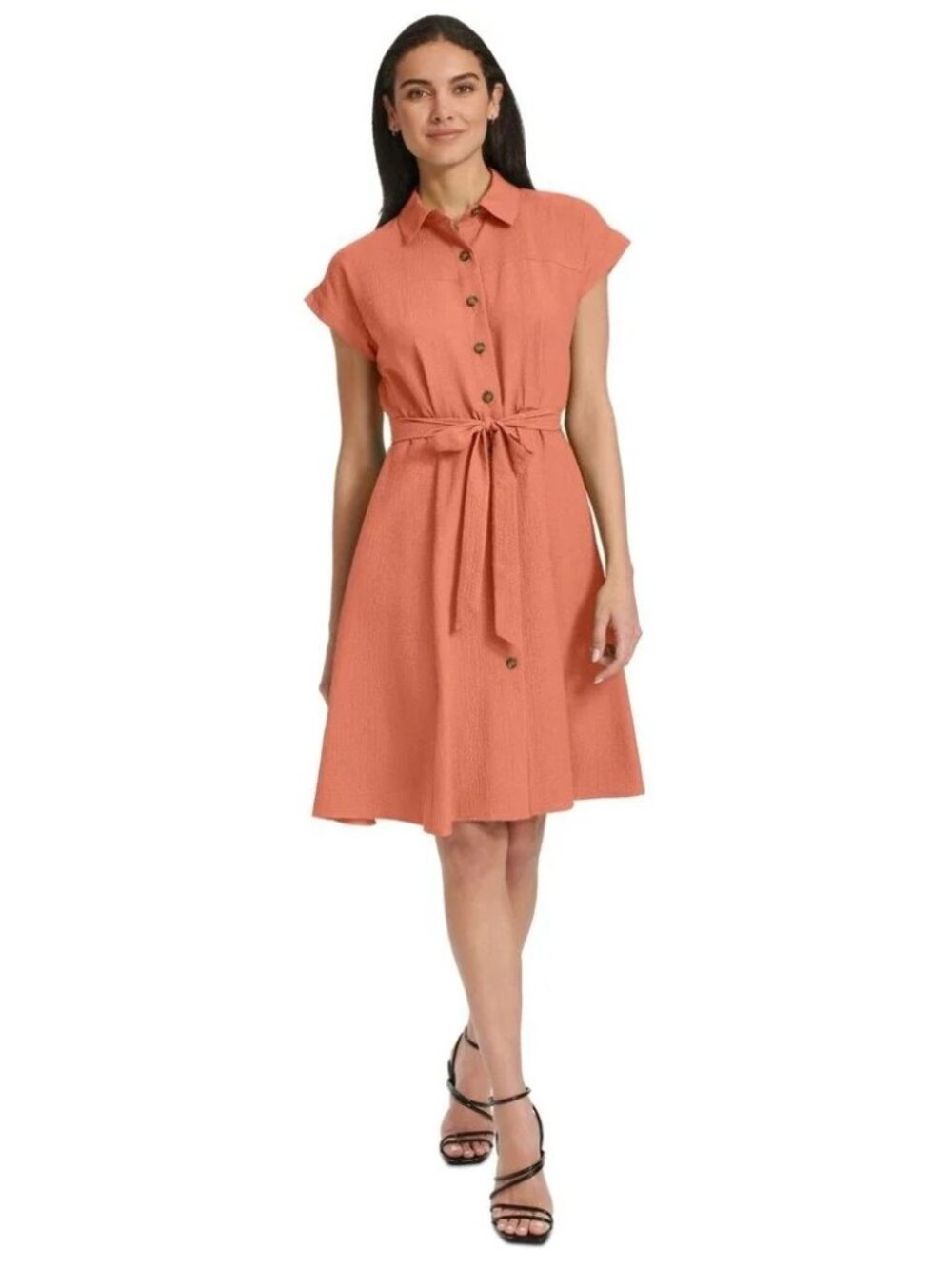 Calvin Klein Womens Belted Cap-Sleeve Shirtdress Melon